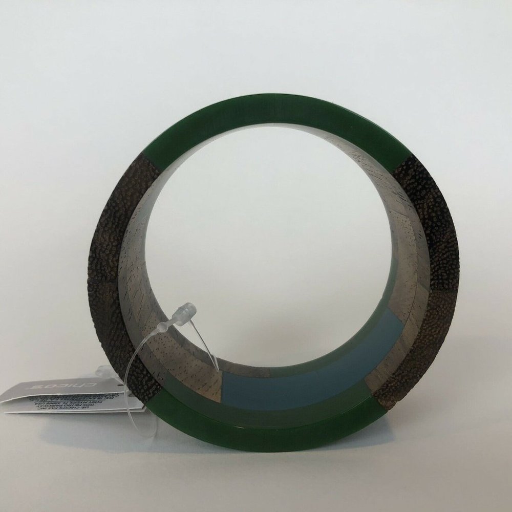 New Chico's Wide Blue and Green Wood Bangle Bracelet - Picture 8 of 10